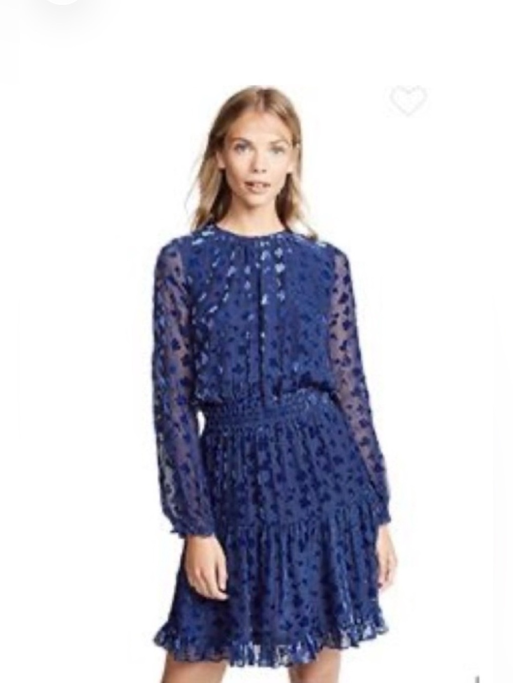 Shoshanna Navy Blue Long-Sleeve with Velvet embroidered flowers Tiered Dress